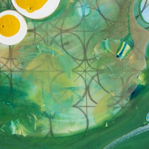Strong Signal that This is Going to be Around for a While  Image: Detail 6, fried eggs over the upper left corner take your attention away from the detailed pencil grid and circles underneath engulfed by poured paint in greens and blues