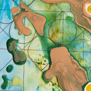 Strong Signal that This is Going to be Around for a While  Image: Detail 9, like crocodiles over a glass topped aquarium, pools of poured paint in peachy browns and greens float above smeared acrylic, watercolor washes, and pencil drawn grids and circles