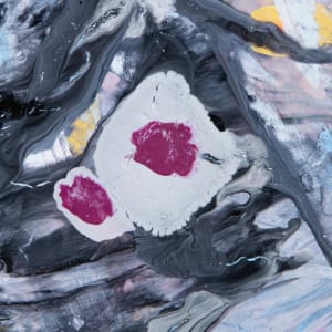 The First Time I Heard About the Investigation of What Distinguishes Justified Belief from Opinion  Image: detail 1, light grey and magenta paint dripped into wet poured paint in partial mixtures of different shades of grey 