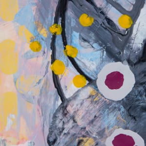The First Time I Heard About the Investigation of What Distinguishes Justified Belief from Opinion  Image: detail 7, dripped yellow dots next to dripped magenta and grey targets with several brushed layers in the background
