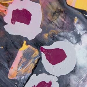 The First Time I Heard About the Investigation of What Distinguishes Justified Belief from Opinion  Image: detail 10, dripped grey and magenta in pools of poured paint over brushwork