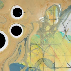 Worrying About the Subtlety of a Certain Concept by Blake Brasher  Image: detail 3, three dripped on concentric black and white spots in a pool of peachy dun poured paint. Obscured pencil grid with overlaid circles poke through. 