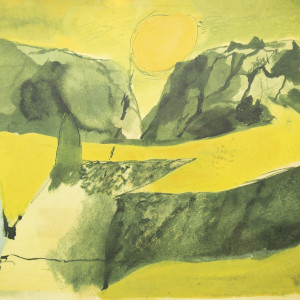 Sun setting between hills by Graham Sutherland