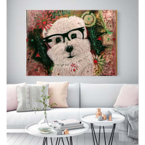 Hipster Pup  Image: Mixed Media Painting - 16H X 20W X .75D  An evolving painting with background first and subject integrated later.  

He went to a good home where I am told he deeply resembles the man of the house who has curly white hair and wears the same kind of glasses.

Collector Comment:

We love the picture and it is hanging up. It makes us feel good and happy every time we look at it. Enjoy the heat and stay safe. 
Janet