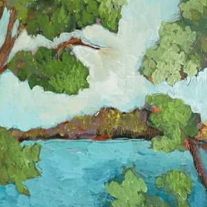 Wisconsin River by Carmen Duran  Image: Painting is in floating frame, unfinished Douglas Fir