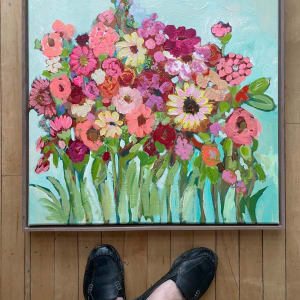 The Best is Yet to Come by Carmen Duran  Image: Acrylic floral painting  with glass beads. 
24x24 inch canvas, floater frame in walnut wood. Total 25x25x1.5 inches  