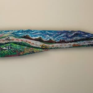 Road Trip by Dawn Petrill  Image: Road Trip- 5.5" x 48" x 2"- Acrylic and Mixed Media on Masonite