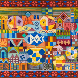 Fish and Faces with Geometric Border by Martin Rosenthal