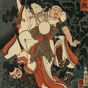 Princess Shiranui Fighting Two Bandits as she Prepares to Carry out a Ceremonial Curse, from Mirror of Warriors of Our Country (Honchô musha kagami, 本朝武者鏡) by Utagawa Kuniyoshi