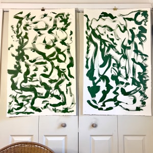 Overcoming Obstacles 1: minimalist, green gestural diptych by Sherri Silverman 