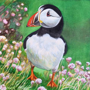 Puffin with Flowers