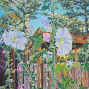 White Hollyhocks In Old Town, NM by HEIDI KIDD 
