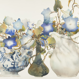 Morning Glories in Blue and White Bowl with White Jug by Deborah Ellis