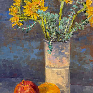 Sunflowers with apple & orange by Elaine Lisle