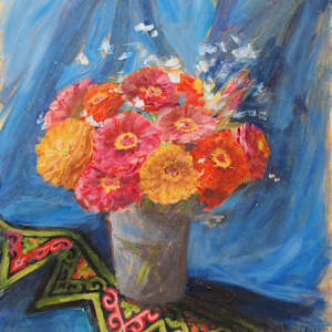 Thi's Zinnias on Hmong Emroidery by Carrie Arnold