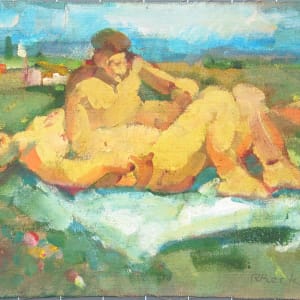 Portfolio #1953 Oils on paper & cardboard [1960-1967] Magdalen, Lovers, transcriptions, portraits by Rosemarie Beck (Rosemarie Beck Foundation)  Image: oil on linen, unstretched, 6.75x9.5"