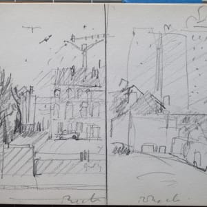 Travel Sketchbook #2050, Holland [January 1973] pencil and ink  Image: Brussels near Gare Nord, Jan 13, pencil on paper
