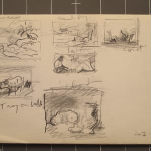 Travel Sketchbook #2058, Holland [December 1972 - January 1973]  Image: Jan 2 [1973 Boijmans Museum], Ruisdael, Latour [Reclining female nude], Corot, Troyon bull, Chardin [Still Life] pencil on paper
