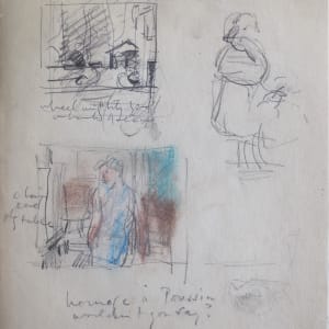 #2072 Sketchbook, Orpheus sketches, portraits, sketches from the Met [1972-1973] pencil and pastel  Image: Wheelwright's Yard on banks of Seine [Corot, the Met]; hommage à Poussin wouldn't you say? pastel and pencil on paper, 10x8"