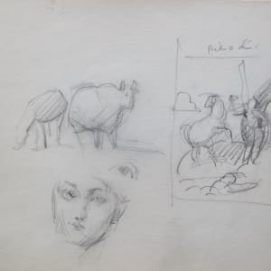#2071 travel sketchbook, National Gallery D.C., pencil + pastel + watercolor, 8x10"  Image: Piero di Cosimo's Allegory, National Gallery of Art D.C., pencil on paper
