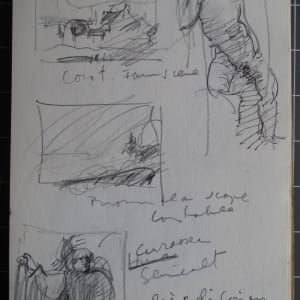 #2078 Sketchbook Orpheus [1970] ink, pencil, watercolor, 9x6"  Image: Corot Farm scene, Constable brown seascape, Gericault Cuirasser, Piero di Cosimo hard boiled eggs, pencil and ink on paper