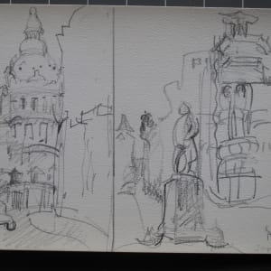 Travel Sketchbook #2081 [January 1973] Brussels, Antwerp Royal Museum of Fine Arts, pencil sketches, 9.25x6.25"  Image: Brussels, Jan 14, pencil on paper