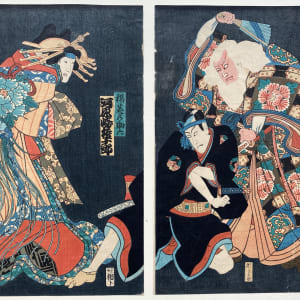 Man abuses another with a fan, woman watches (diptych) by Utagawa Kunisada
