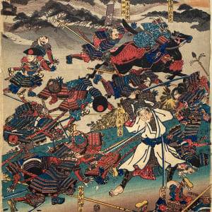Man in White, on Foot, Fighting many (diptych) by Kuniyoshi Utagawa 