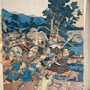 Warrior in striped armor leads samurai. Mt and tree in background. 