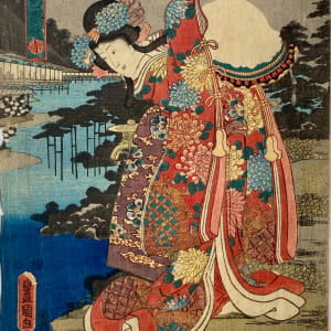 Red Robed Woman looking over Lake by Artist Kunisada