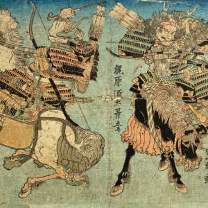 Two mounted samurai with bows, Left horse rearing up by Sadahide Gountei
