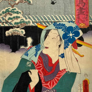 Woman With Blue Scarf on Head & In Mouth, Birds in Night Sky by Artist Toyokuni