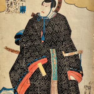 Man with Blue Robe Sitting, Hilt of Sword Sticks out Left by Artist Kunisada