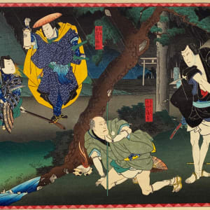 Right: Samurai Stands, Man on Knees Cowering