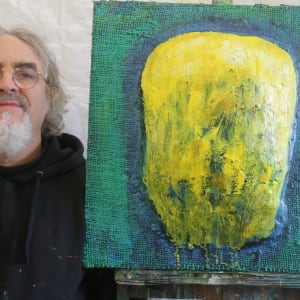 Yellow Impasto Gigante on Green with blue halo by Stephen Bishop 