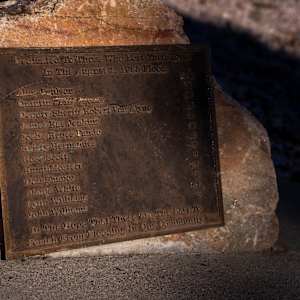 The Great Blue by Rich Haines  Image: Bronze Plaque that says: 
Dedicated To Those Who Lost Their Lives In The August 1st, 1885 Flood:

Alice Paulsen (18yrs), Quintin 'Bill' Moore (59yrs), Deputy Sheriff Robert Van Alyne (33), James Rae Jenkins (18yrs), Joelie Renee Pando (16yrs), Kristy Hernandez (6yrs), Rose Scott (17yrs), Kumi Mostert (7yrs), Don Shanor (67yrs), Alanja White (3yrs), Lynn Williams (27yrs), John Williams (5yrs)

In The Hope That These Are The Last To Perish From Flooding In Our Community.
