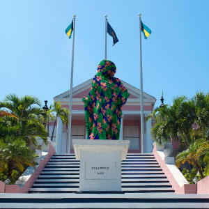 The Cloakings by Joiri Minaya  Image: Joiri Minaya, Proposal for artistic intervention on the Columbus statue in front of the Government House in Nassau, The Bahamas, 2017, Digital print on standard postcard paper, 5 x 7 in. Courtesy of the artist.