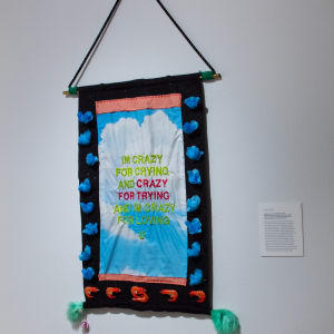 quotidian lovesick blues (kakemono) by eri king  Image: Installation image in "The Emotional Show" by Ali Fathollahi.