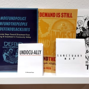 A Liberated Library for Education, Inspiration, and Action by Undocumented Projects  Image: Install photo of reading materials.