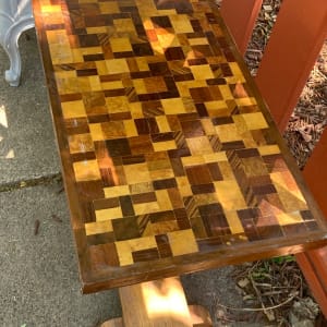 Vintage hand made inlaid tramp art table 