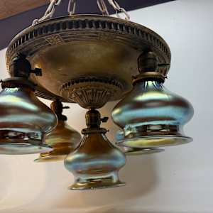 Arts and Crafts era 5 light chandelier with hand blown shades 