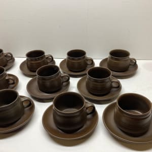 Set of 10 Denby / Langley Mayflower pottery cups and saucers 