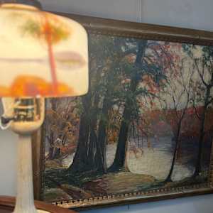 Reverse hand painted Moe bridges table lamp 