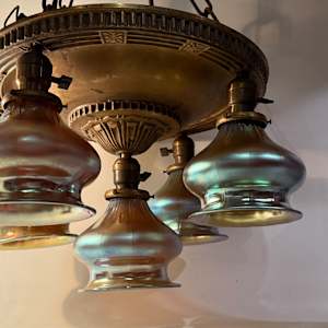 Arts and Crafts era 5 light chandelier with hand blown shades 