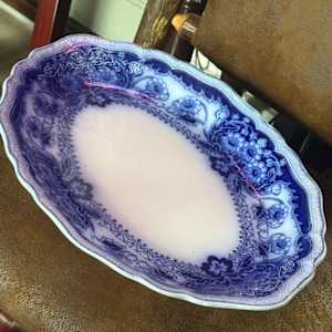 16" oval blue and white transfer ware platter, Image 1.