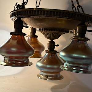 Arts and Crafts era 5 light chandelier with hand blown shades 