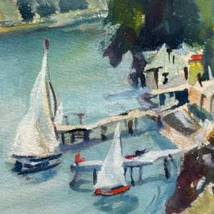 Framed watercolor of sailboats 