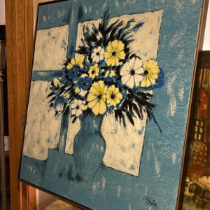 Framed painting of blue and yellow flowers 