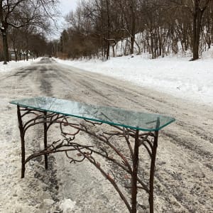 4' long wrought iron glass top twig entry accent table