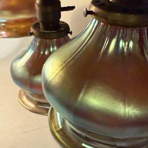 Arts and Crafts era 5 light chandelier with hand blown shades 